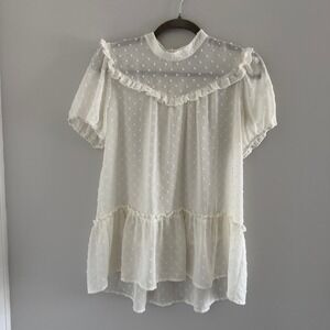 RO&DE White Swiss Dot Ruffle Peplum Blouse Mock Neck Short Sleeve Small Romantic
